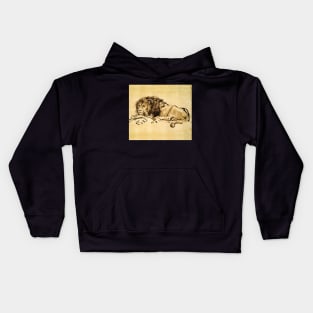 THE CAPE LION LYING DOWN, by Rembrandt in Sepia,Brown Kids Hoodie